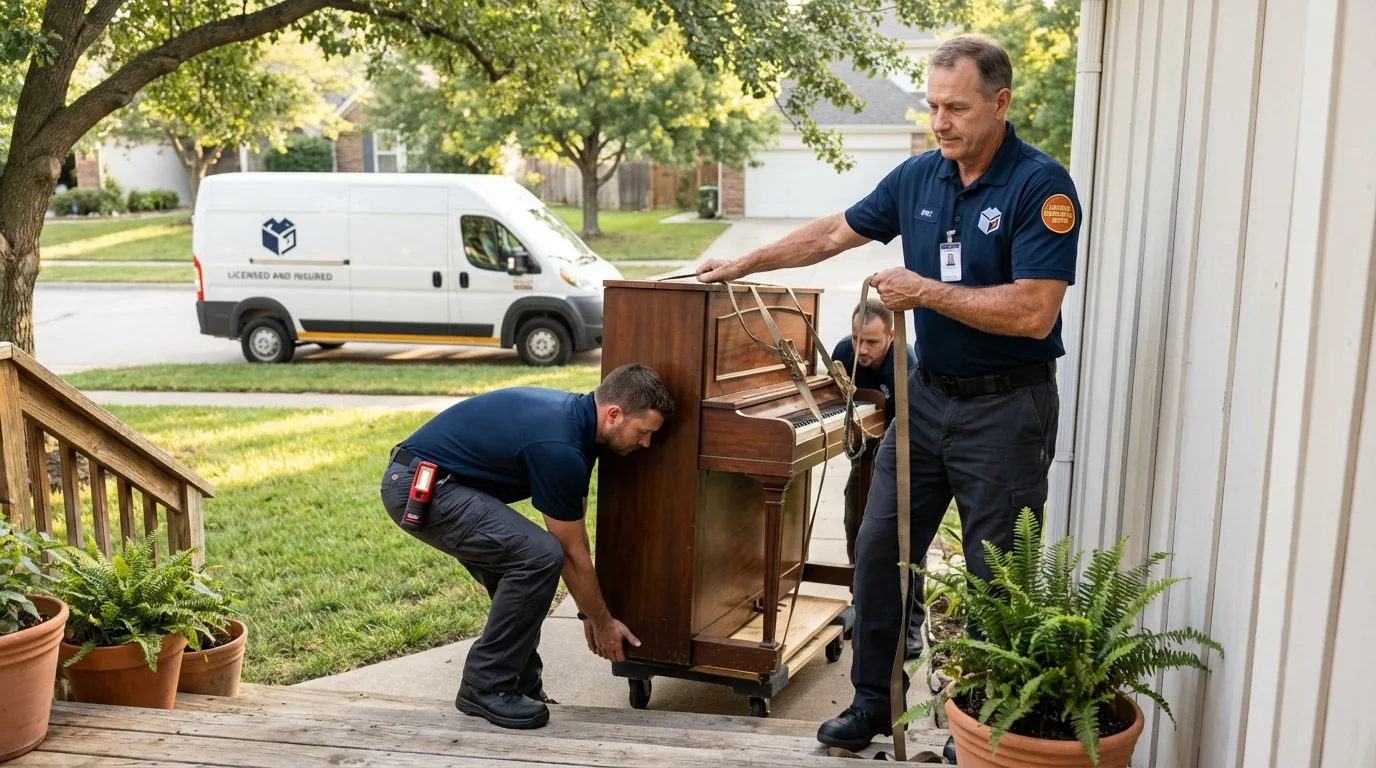 Licensed piano movers securing grand piano in Whiteland, IN
