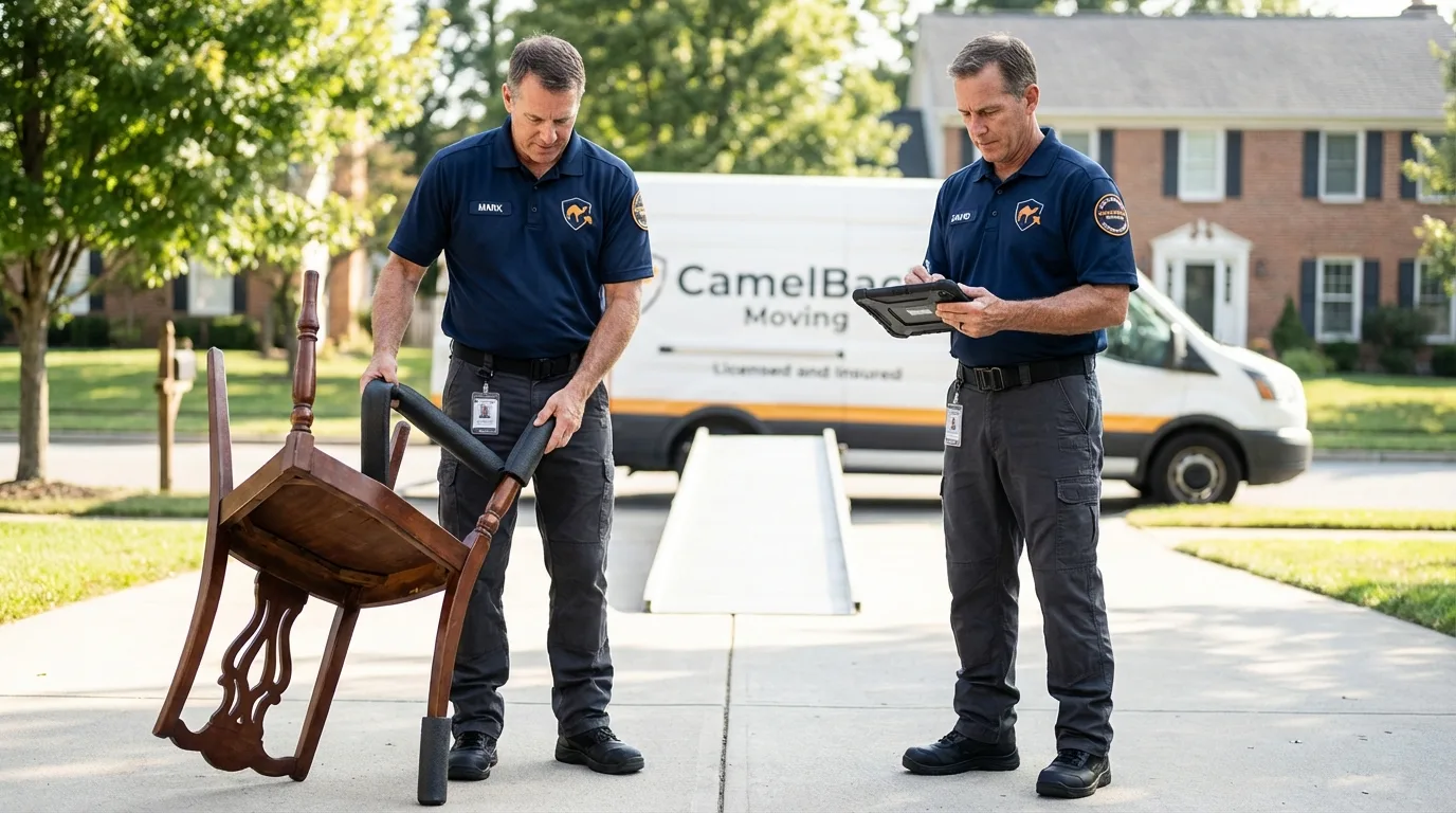 Movers inspecting furniture for damage prevention before loading in Whiteland, IN